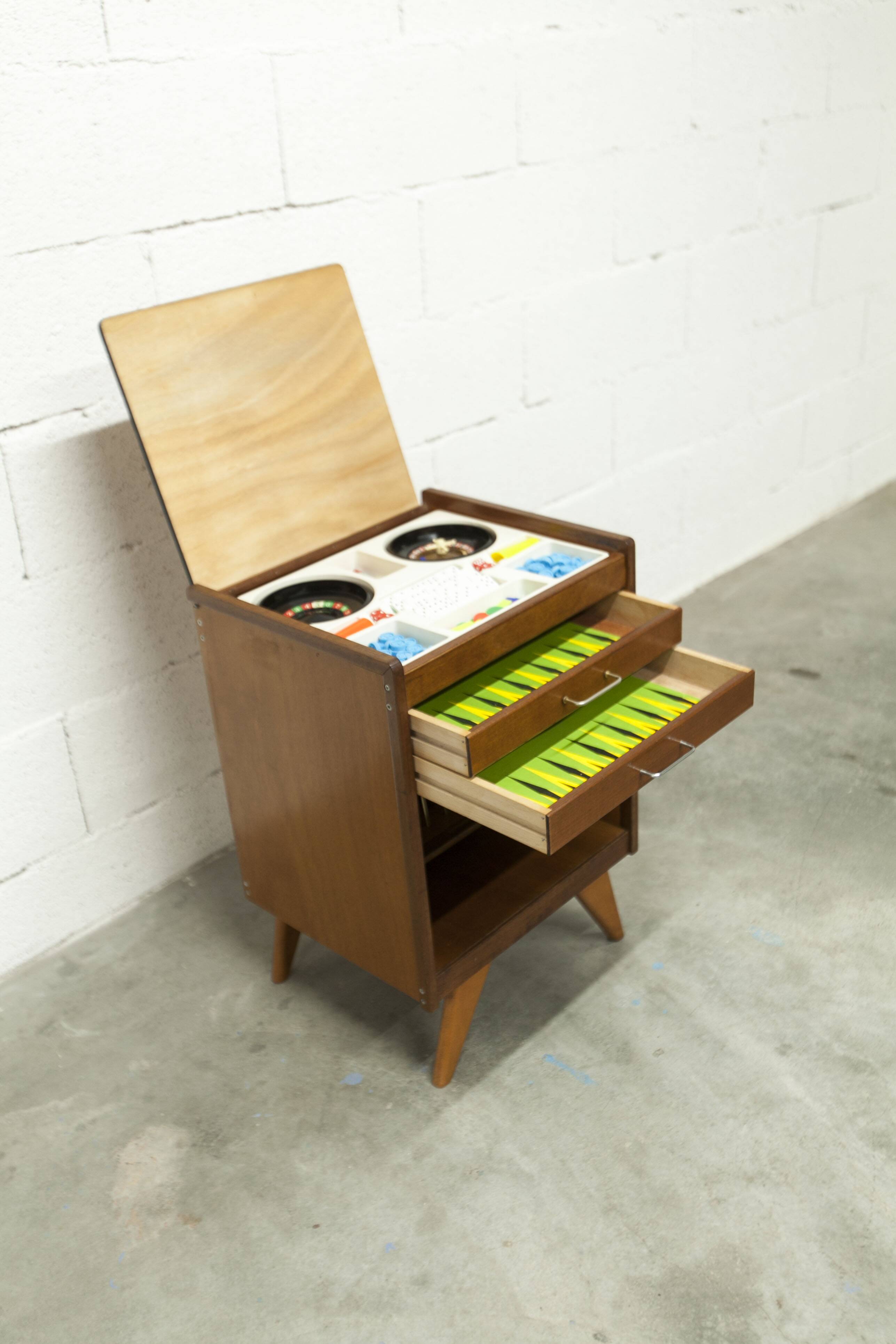Unique 1960s bedside table with 15 complete games, compass legs, 1960s