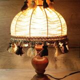 Wood bedside lamp with dome shade in granny chic style.