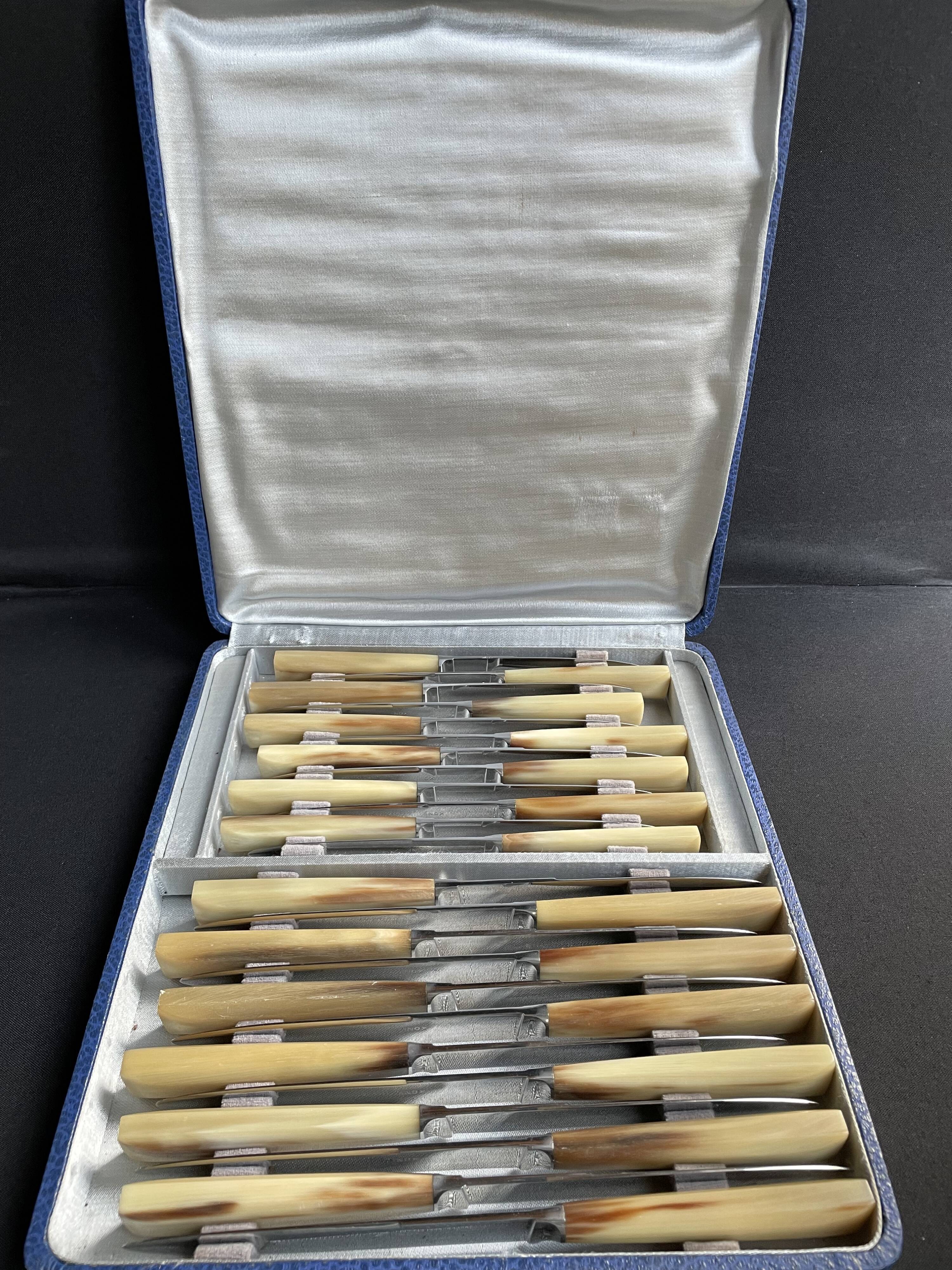 Coffret de 24 couteaux art déco lame inox et manche corne
