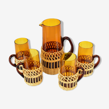 Vintage orangeade glass and rattan set