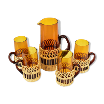 Vintage orangeade glass and rattan set