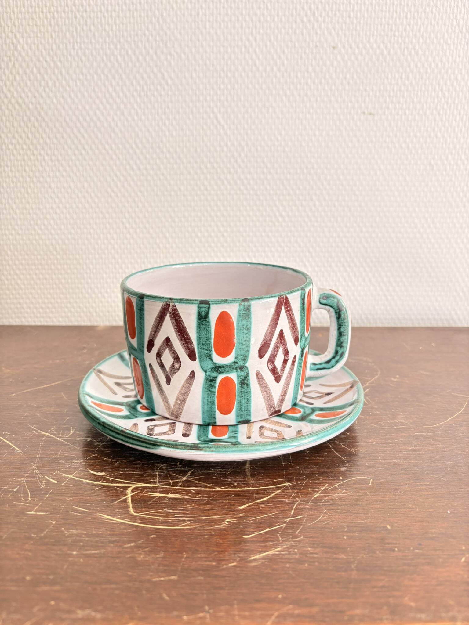 Old Pair of Ceramic Cups Vallauris by Auguste Fazio Pottery 1950 Geometric