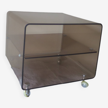 Low smoked plexiglass bedside table Michel Dumas for Roche Bobois vintage casters