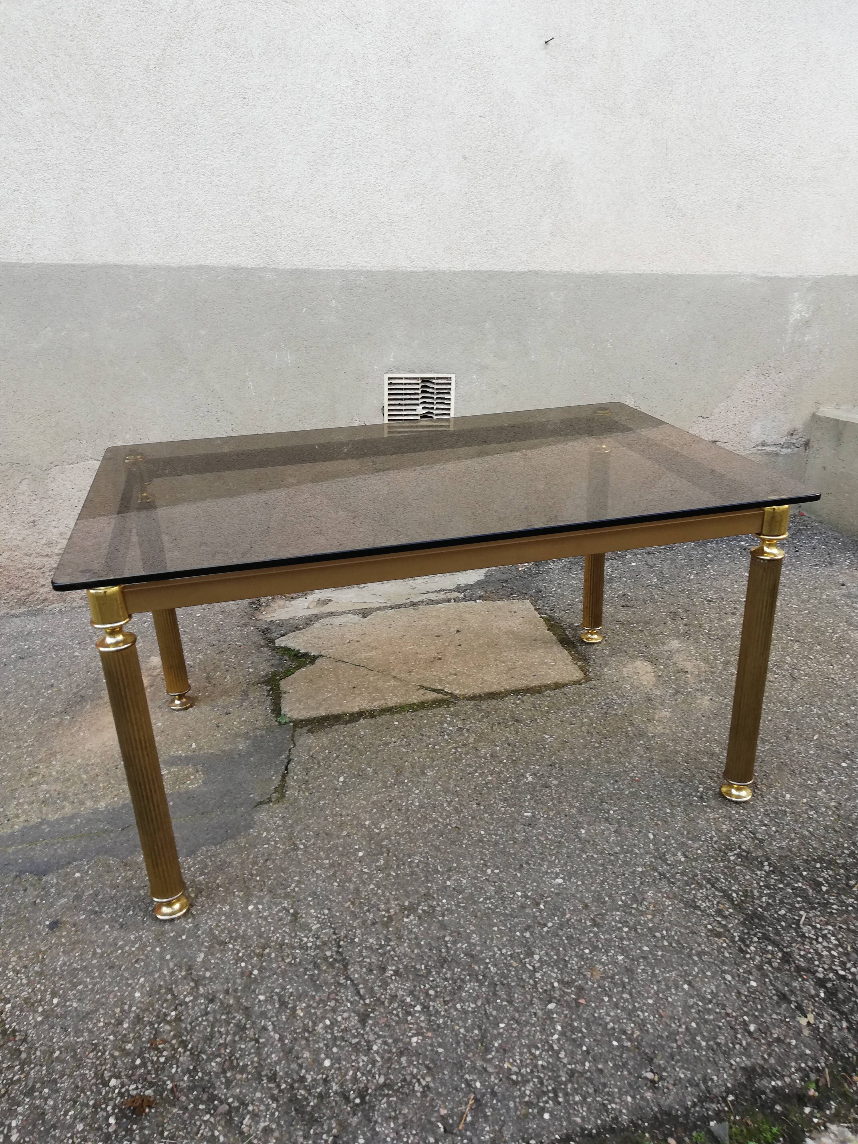 Table basse vintage laiton et verre fumé marron