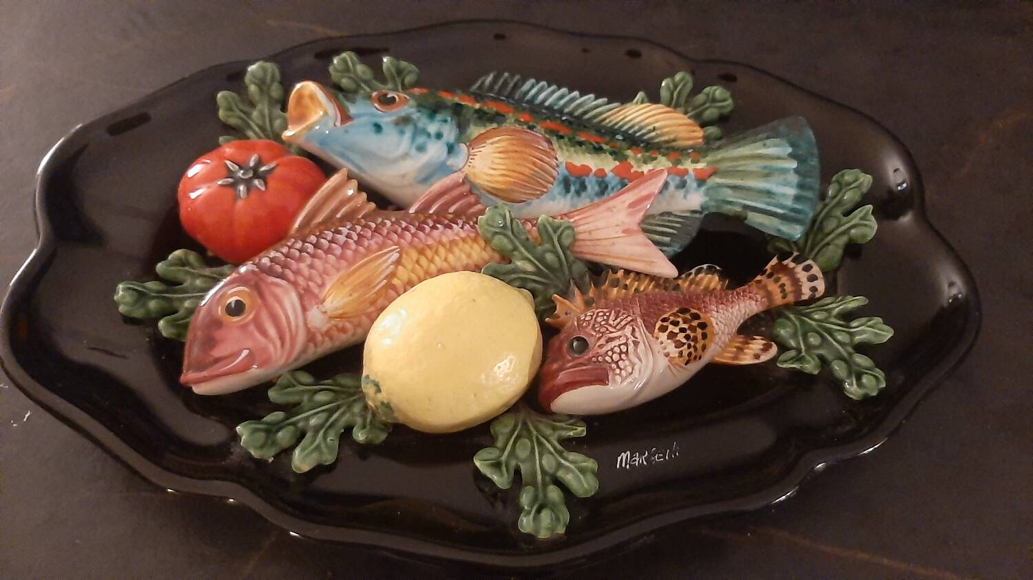 Ceramic dish slip trompe l'oeil fish tomato lemon algae
