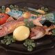 Ceramic dish slip trompe l'oeil fish tomato lemon algae