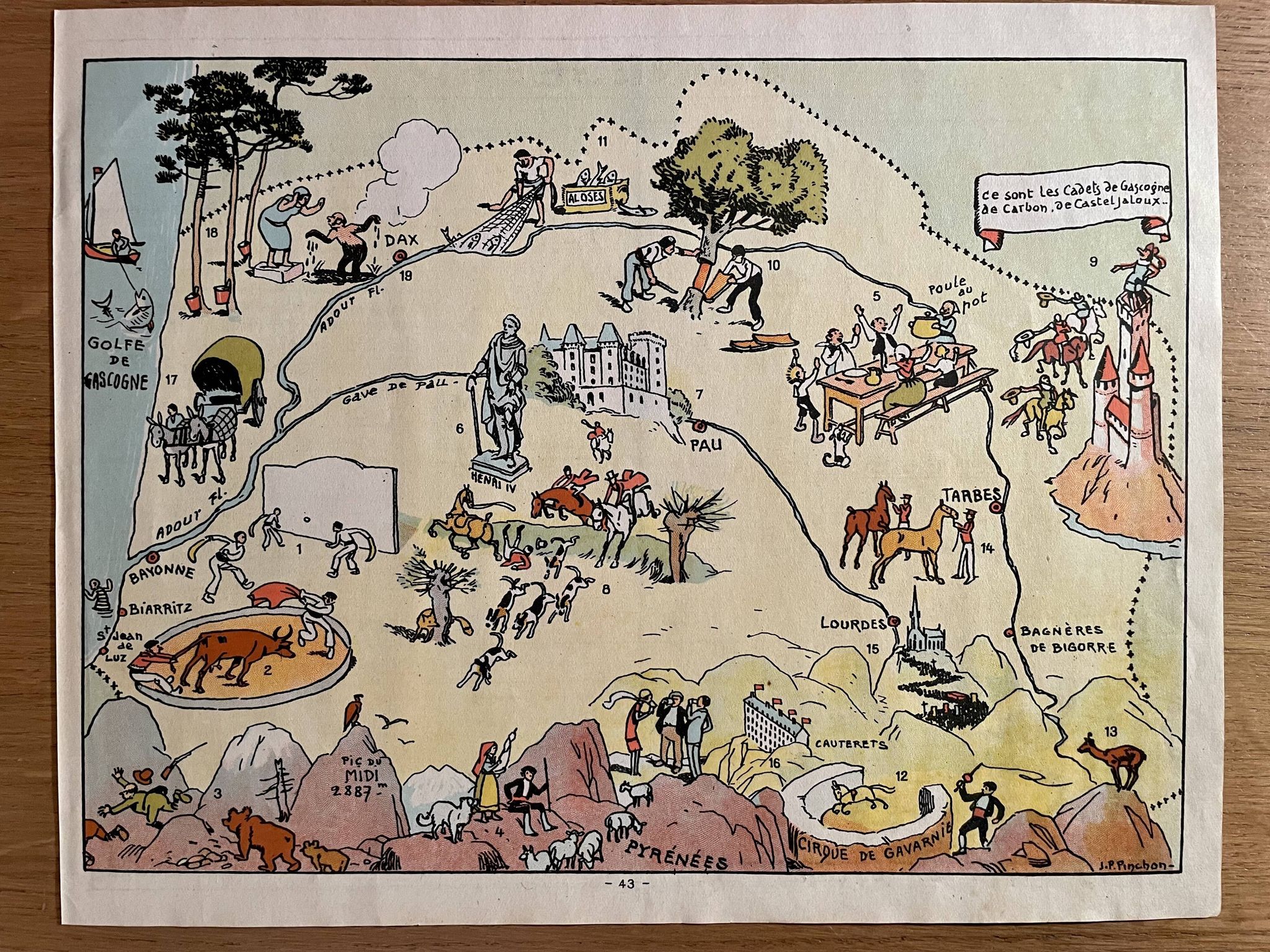 Old illustrated map of Gascony Béarn Basque Country 1945 - JP Pinchon