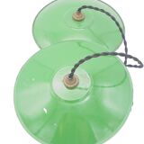 Trio of green enamelled sheet metal hanging lamps