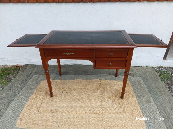 Bureau plateau en cuir noir et rallonges