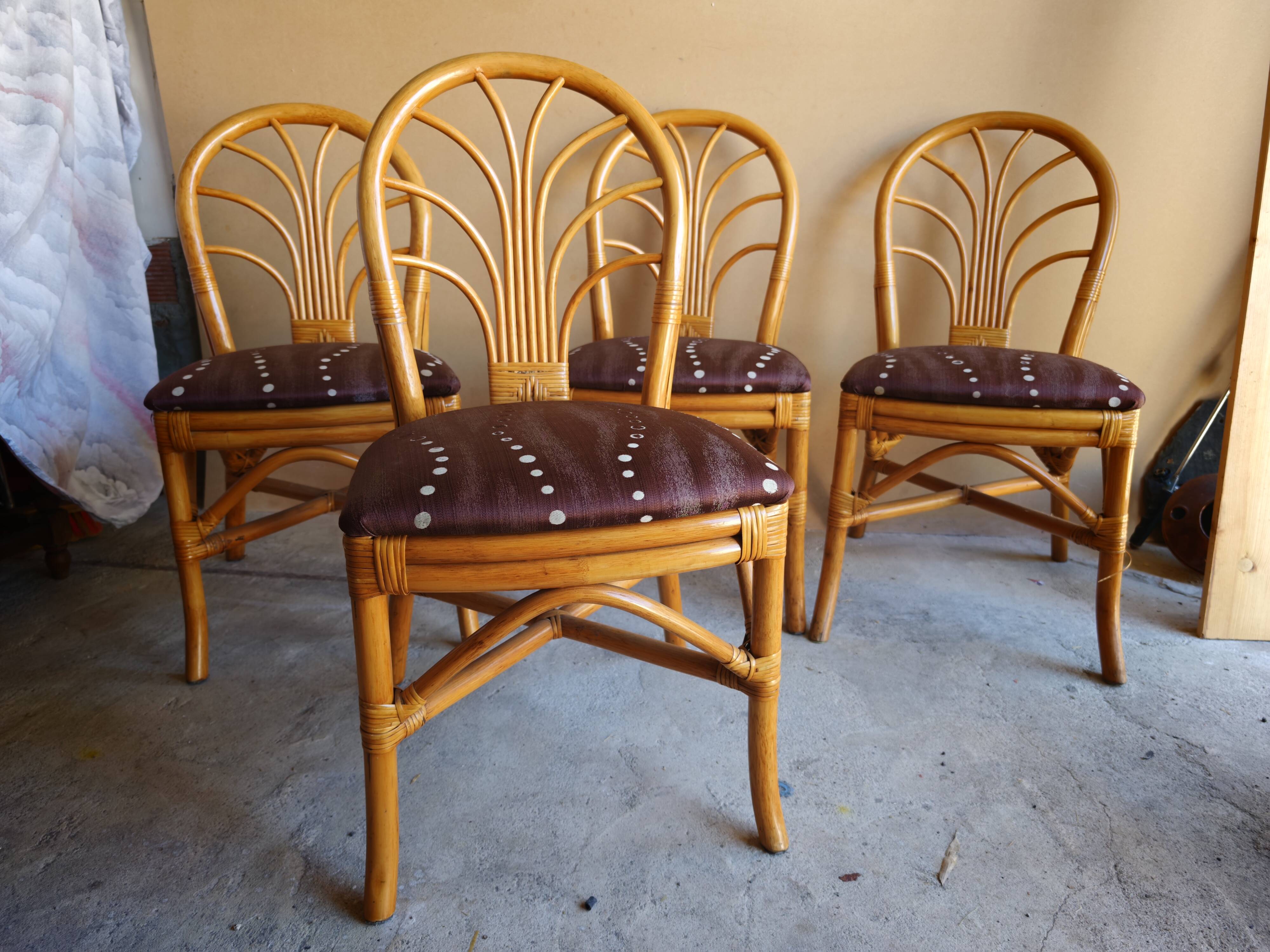 Set of 4 rattan and bamboo chairs, "fan" backrest, vintage 70s.