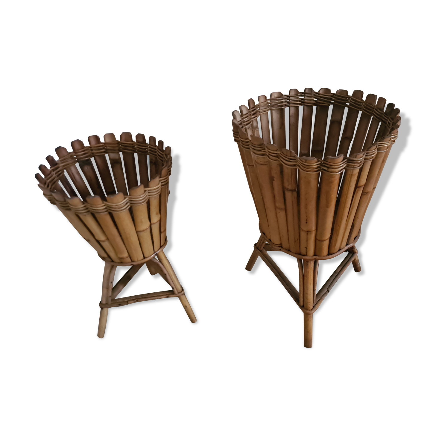 Pair of wicker and bamboo pot covers 70s