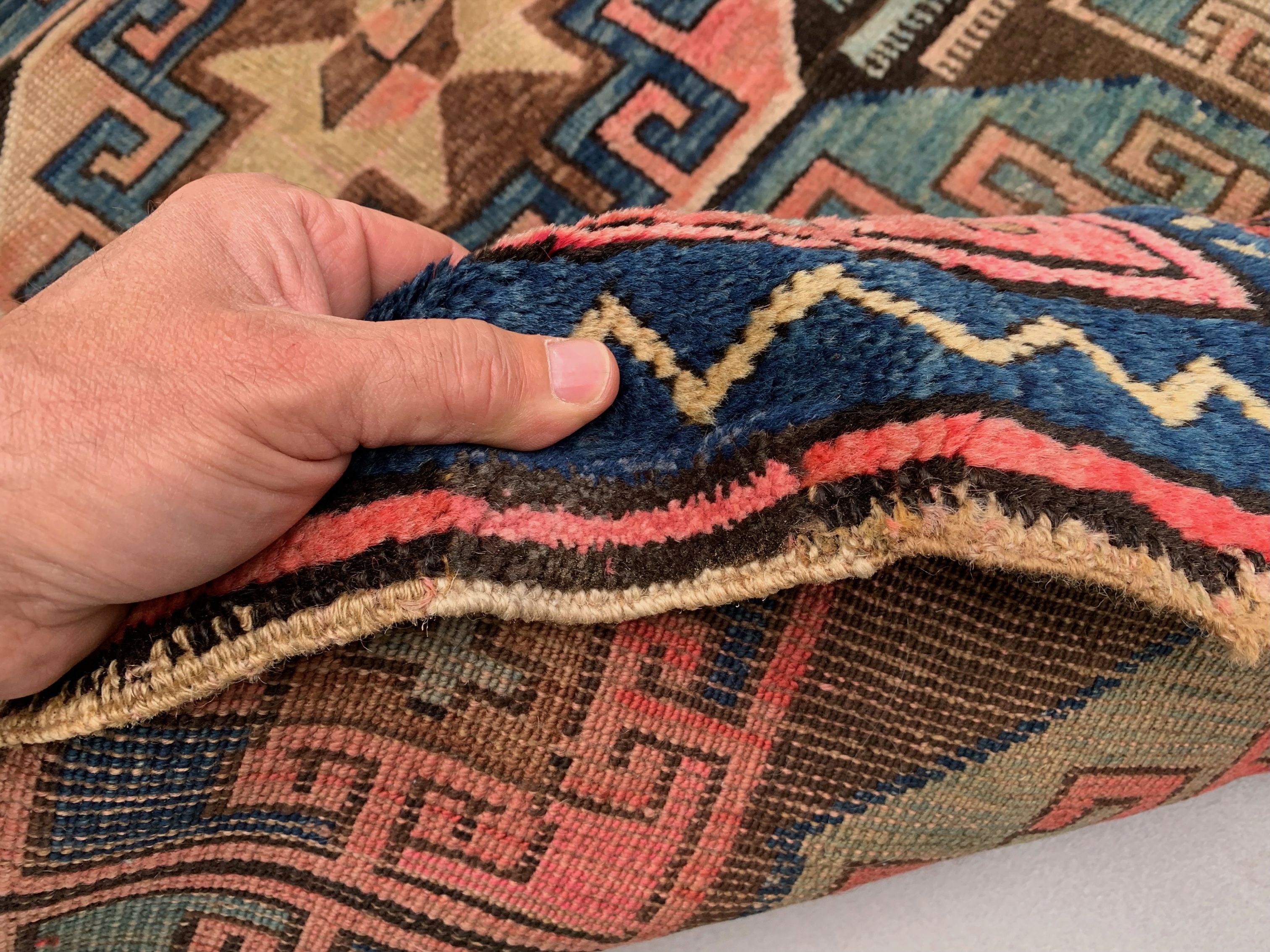 Old Turkish Kazak Rug 226x135 cm vintage tribal carpet, Red and Blue Large