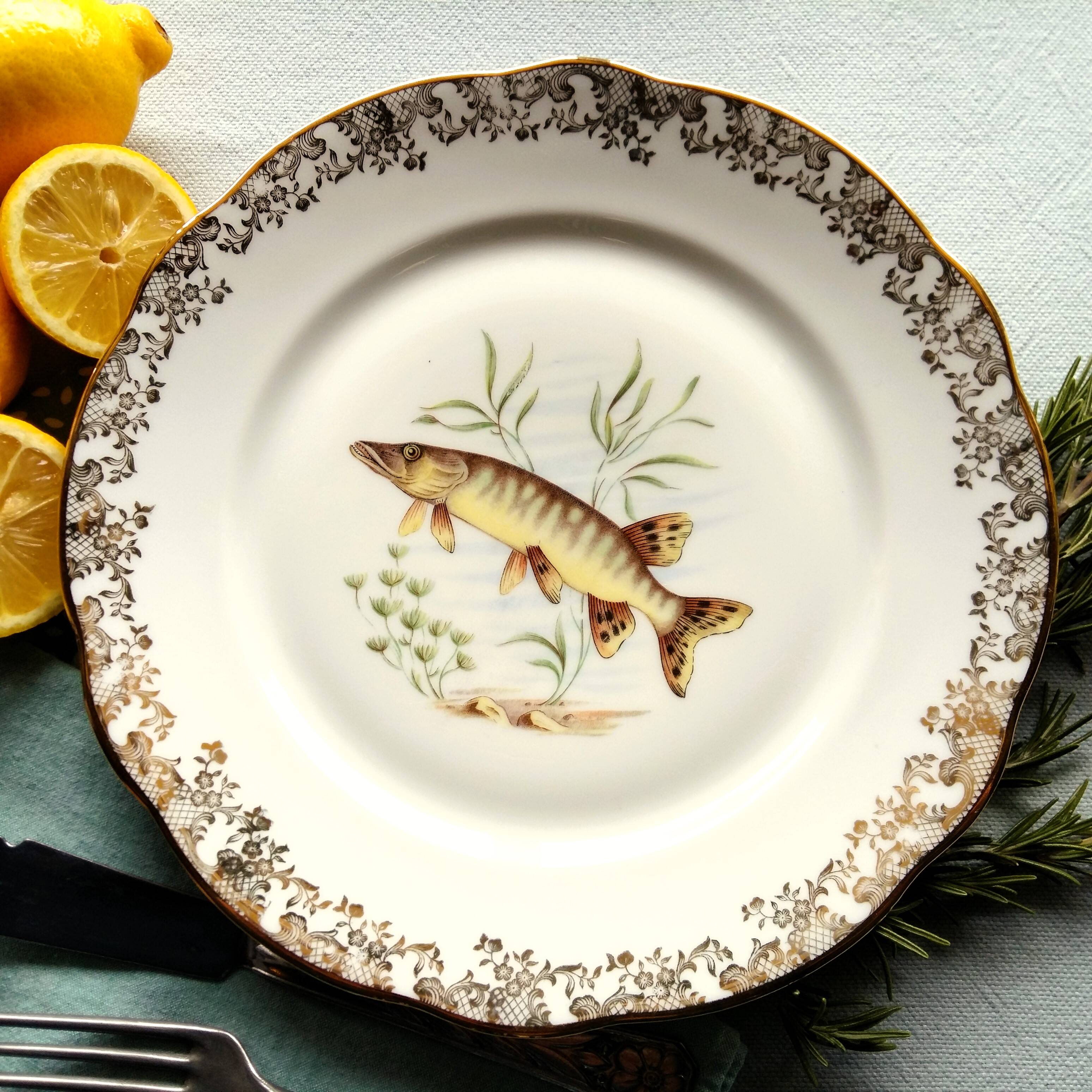 Set of four fish plates. vintage french fish plate set.