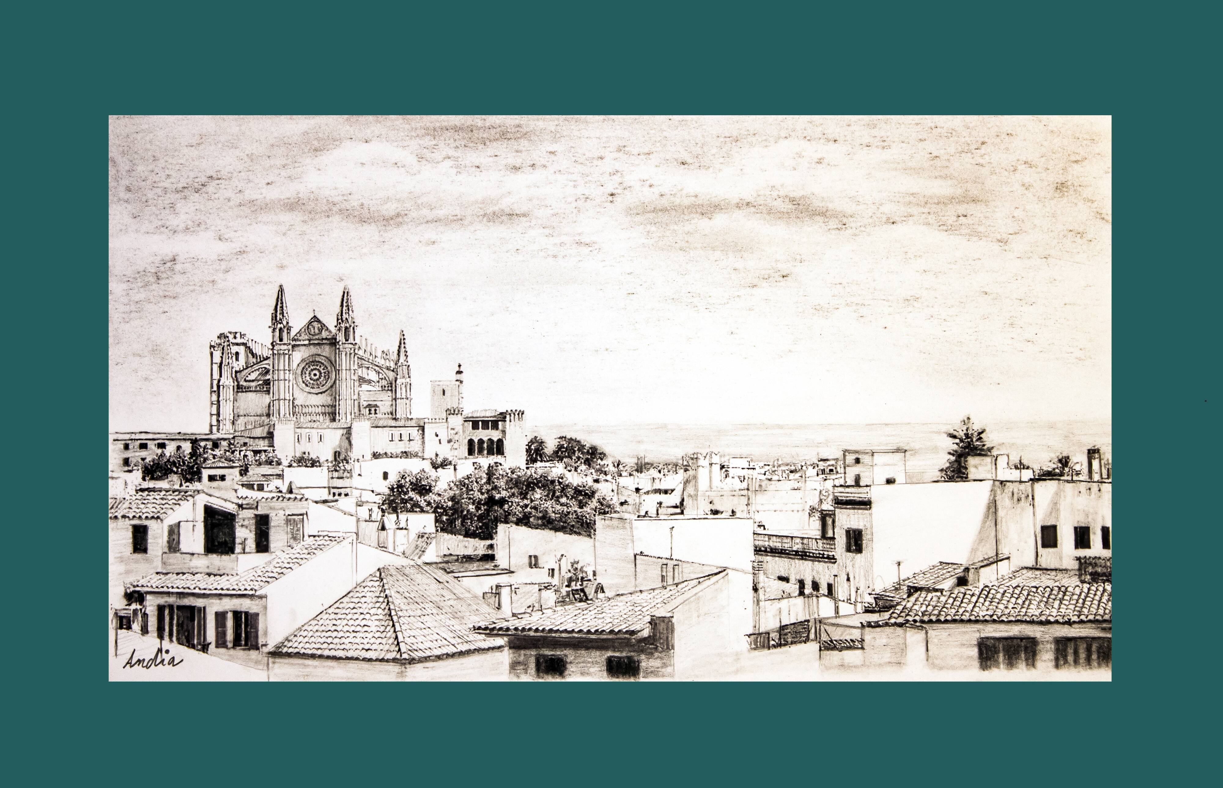Description of a panoramic view of Mallorca. mallorca drawing. cuadro mallorca.
