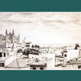 Description of a panoramic view of Mallorca. mallorca drawing. cuadro mallorca.