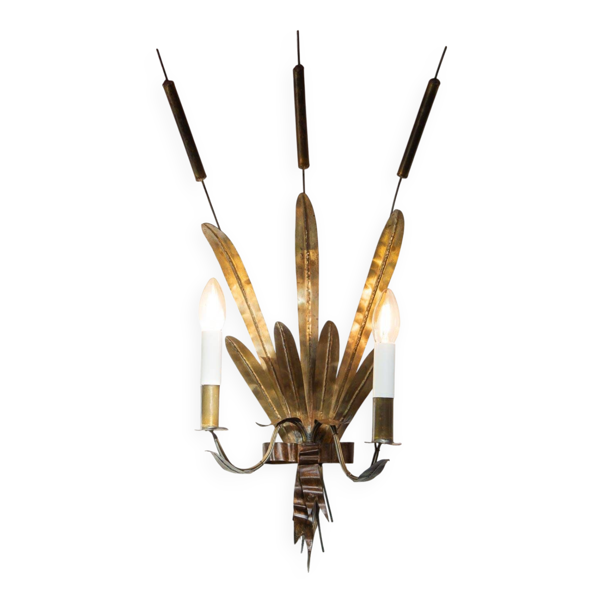 Vintage wall light with rush and leaves in sheet metal and gold metal