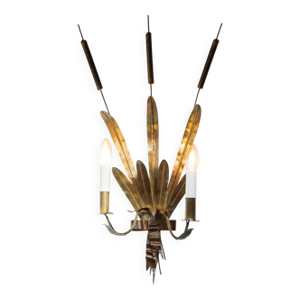 Vintage wall light with rush and leaves in sheet metal and gold metal