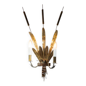 Vintage wall light with rush and leaves in sheet metal and gold metal