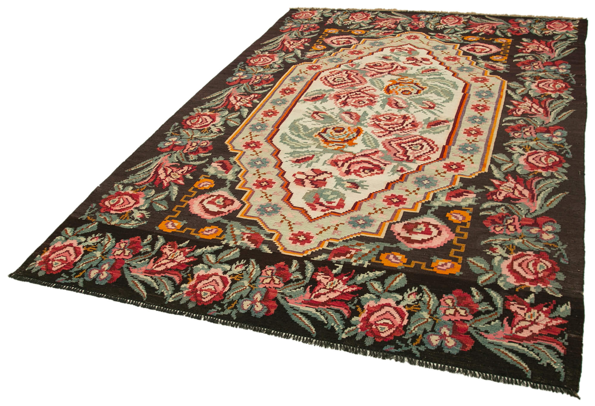 Hand-Knotted Vintage Bessarabian Black Kilim 183 cm x 274 cm - 22170