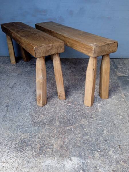 Pair of 2 patinated solid wood benches / stools