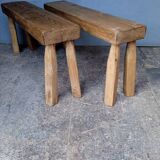 Pair of 2 patinated solid wood benches / stools