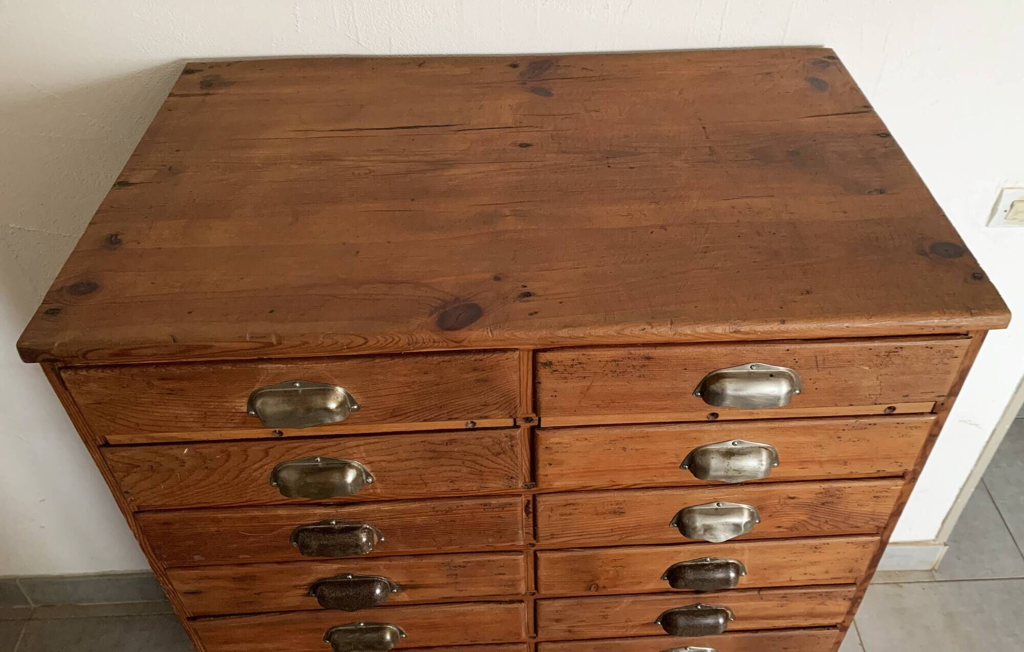 Old apothecary trade furniture in vintage wood 24 drawers.