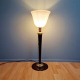 Large Art Deco Mazda lamp in wood, brass, and white opaline, 1930.