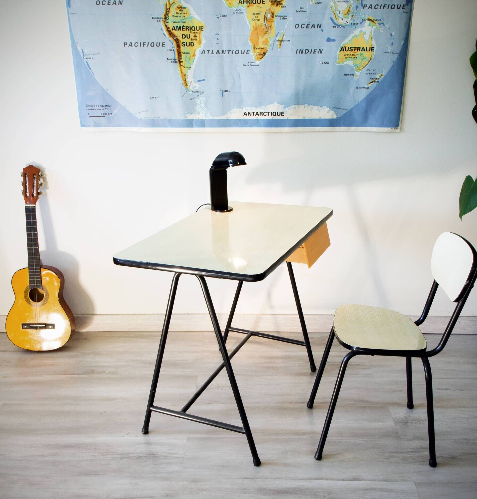 Children's desk and its chair 60s, formica, wood and steel