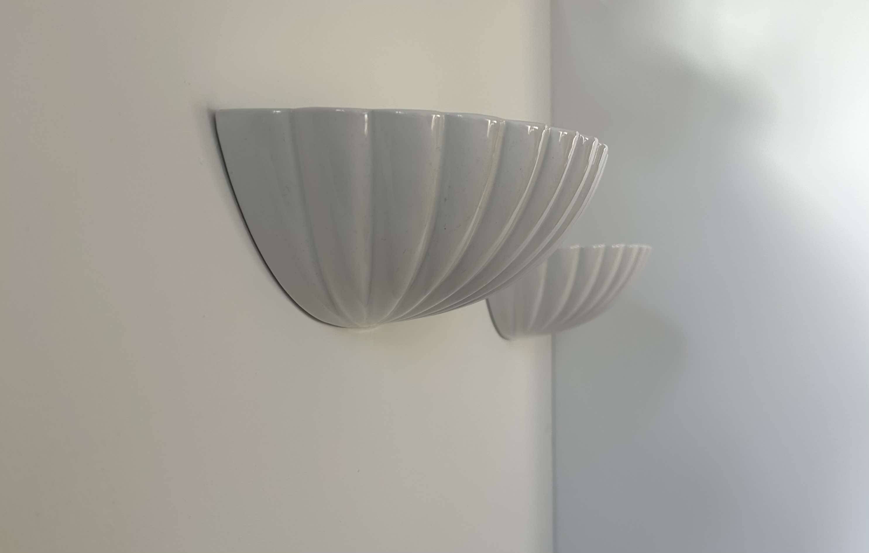 Pair of vintage shell wall lights, white porcelain, France 1970