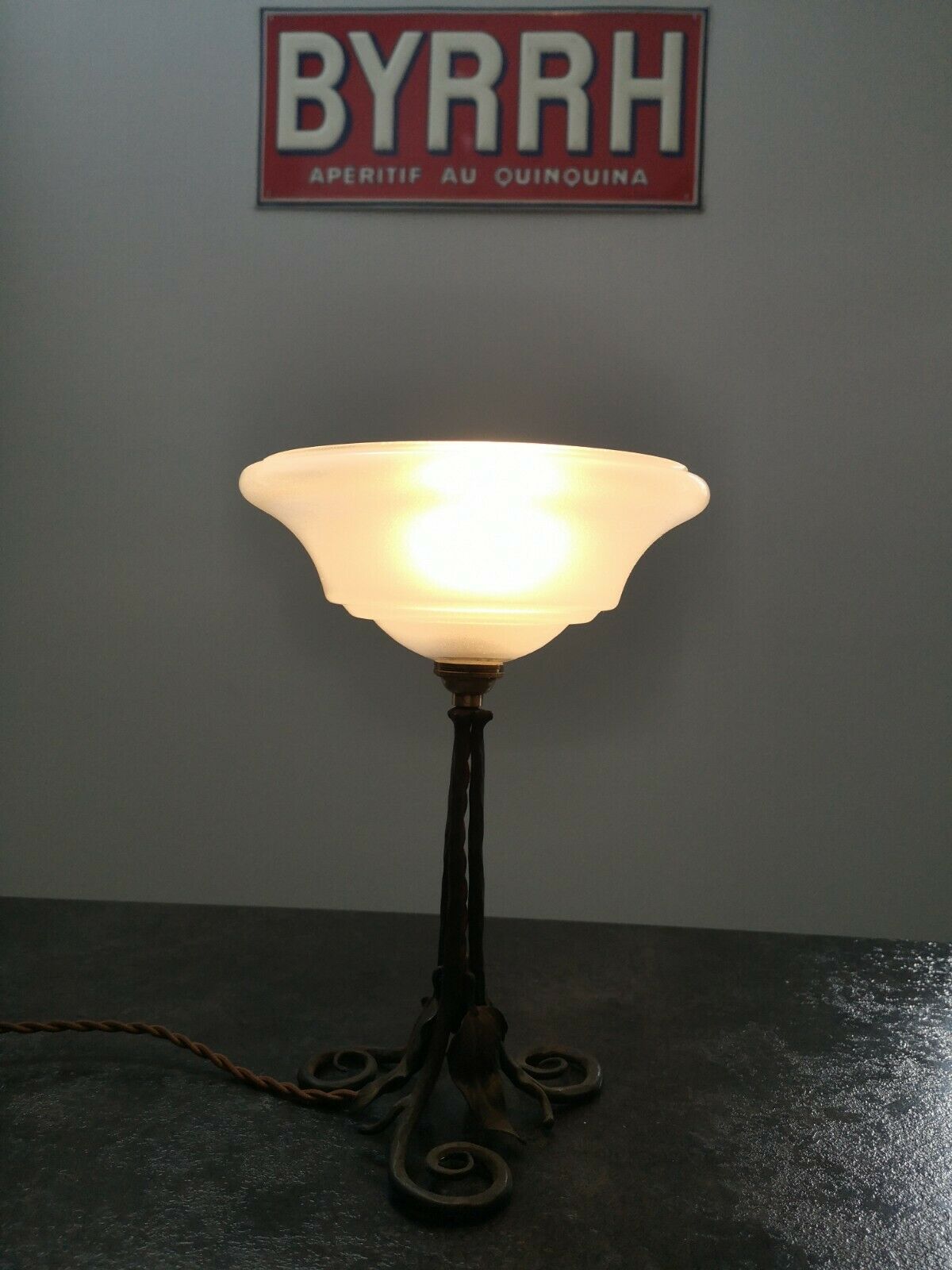 Old wrought iron lamp opalescent glass art deco