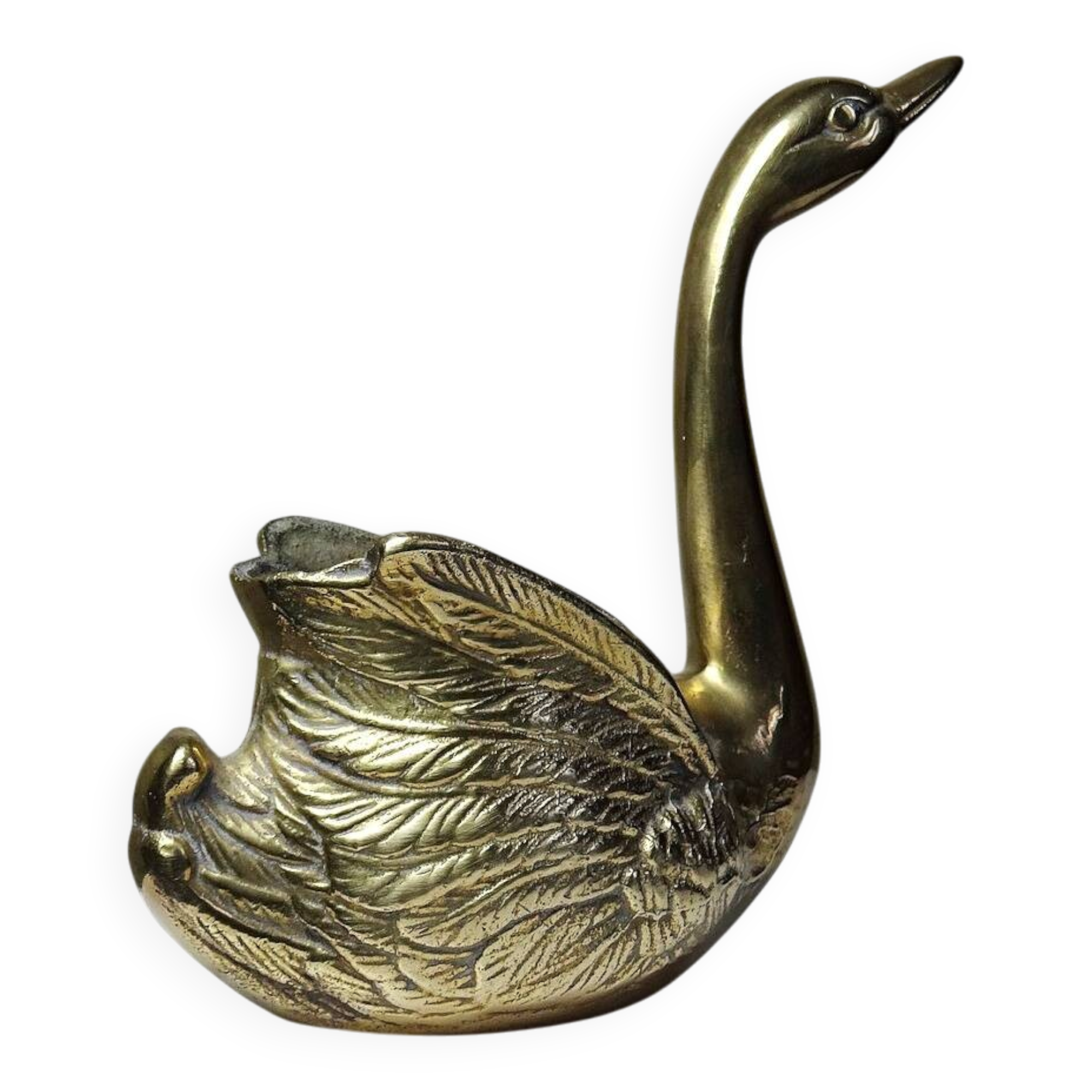 Vintage swan cache-pot/trinket dish in moulded gold-plated brass from the 1970s-80s.