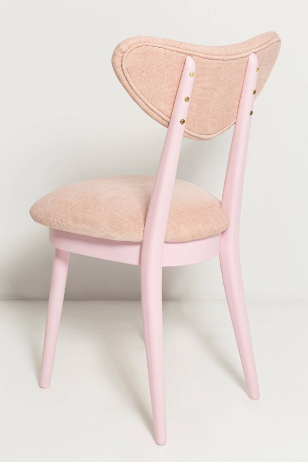 Chaise cœur mid-century, tissu chenille rose clair, bois peint rose, Europe, années 1960