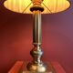 Lamp base in gilded brass, oval silk lampshade with a checkered pattern in burgundy.