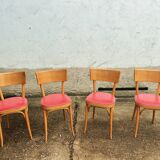 Lot of 4 baumann chairs bistrot parisian barter beech wood and red skaï