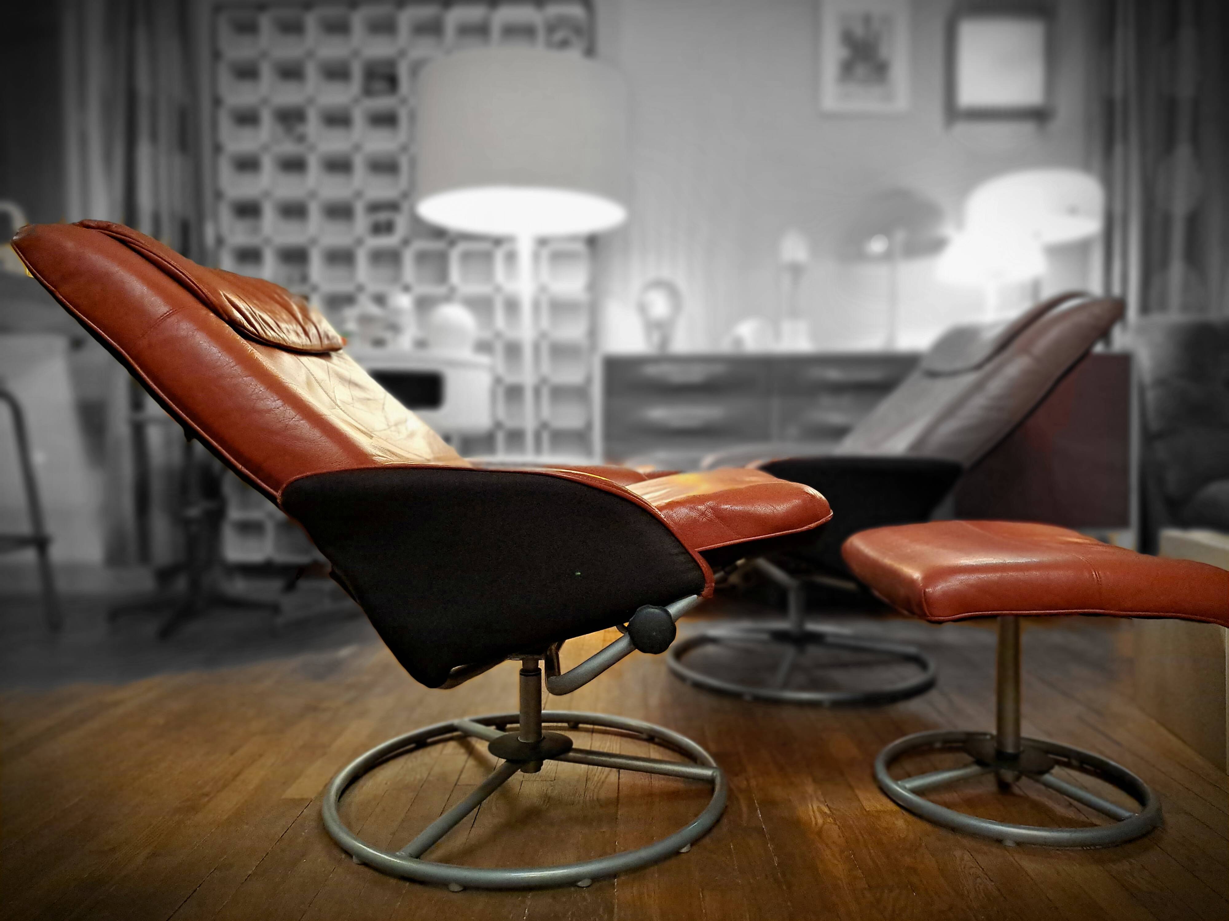 Pair of Lounge Chairs + Malung Leather Ottoman from the 90's