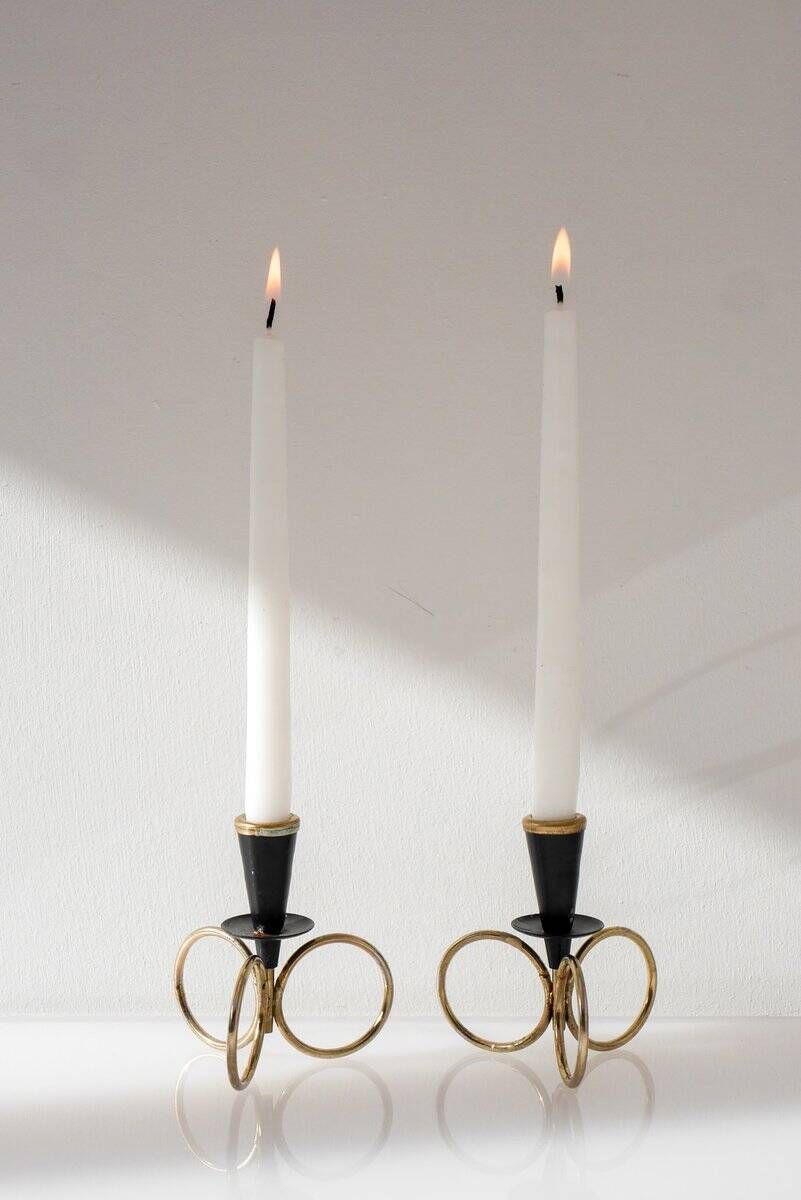 Mid-century modern metal candlestick holders by Gunnar Ander for Ystad Metal, Sweden, set of 2