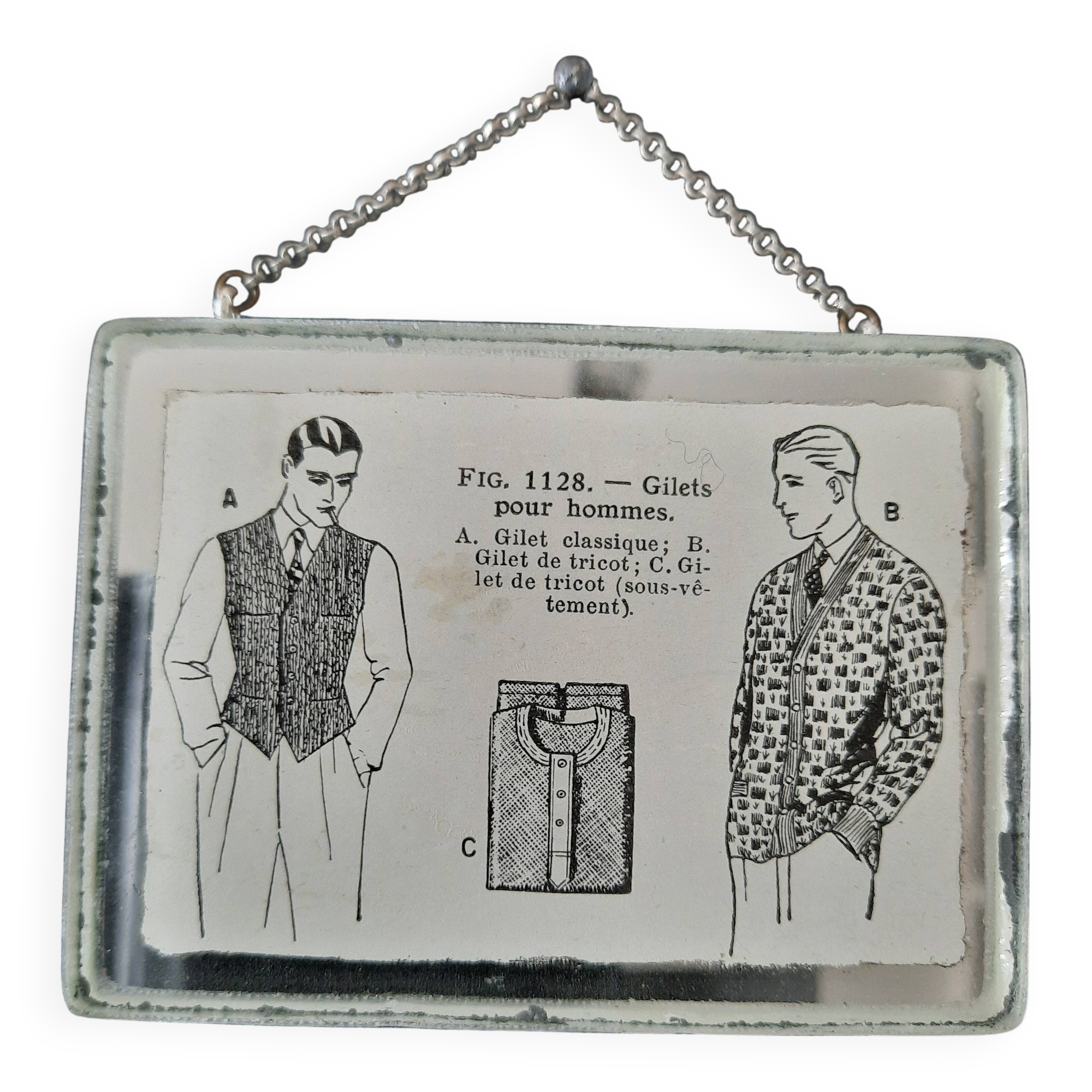 Antique "Fashion" illustration inserted under a mirror. Cabinet of Curiosities