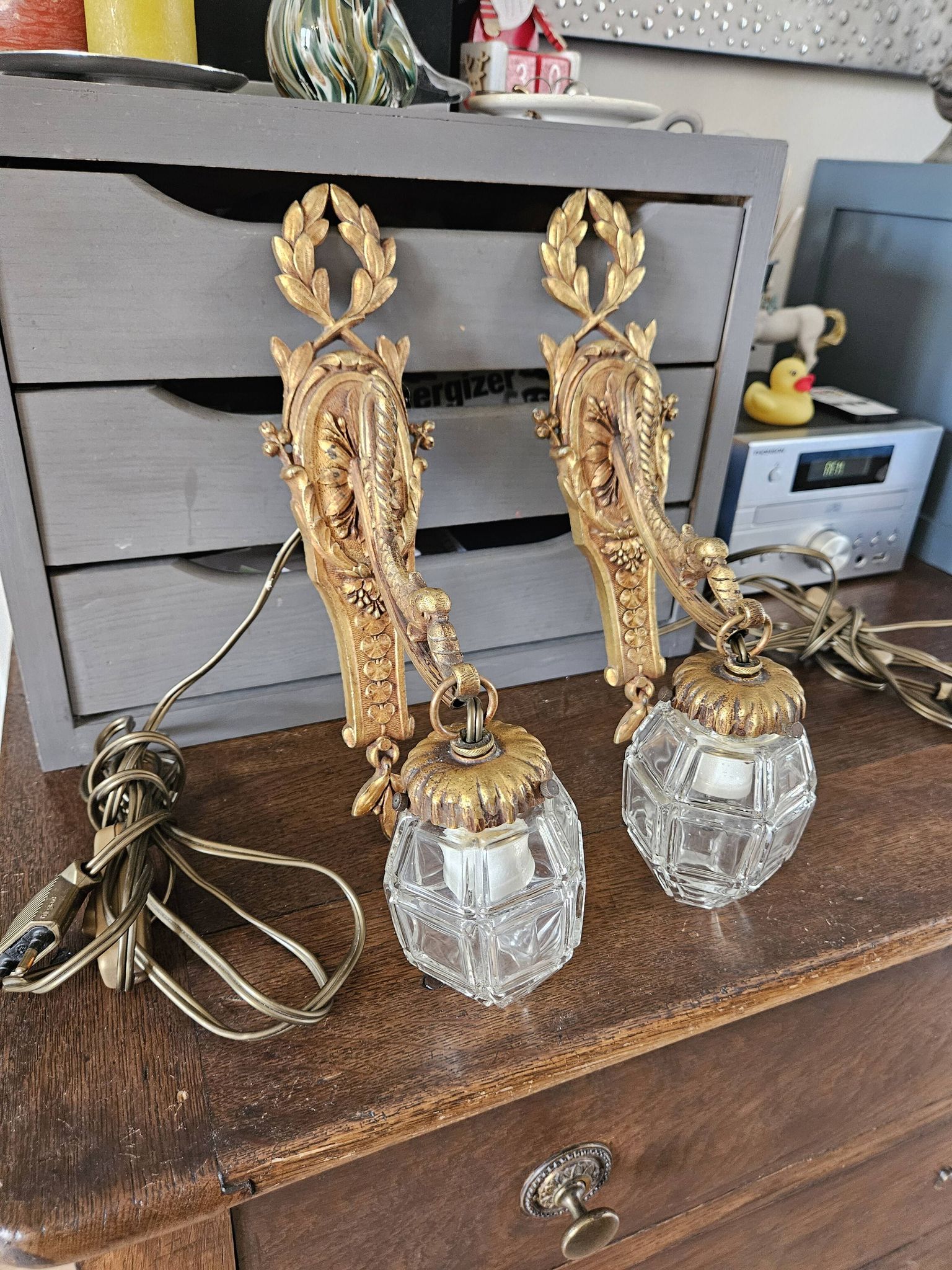 Pair of gilt bronze wall lights in Louis XVI/Empire style.