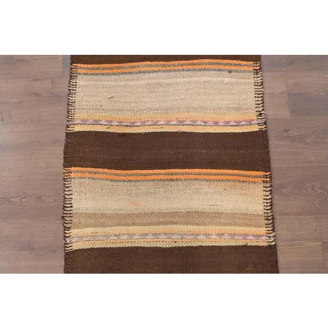 Vintage Turkish Oushak handmade wool cotton beige kilim runner rug 79x303
