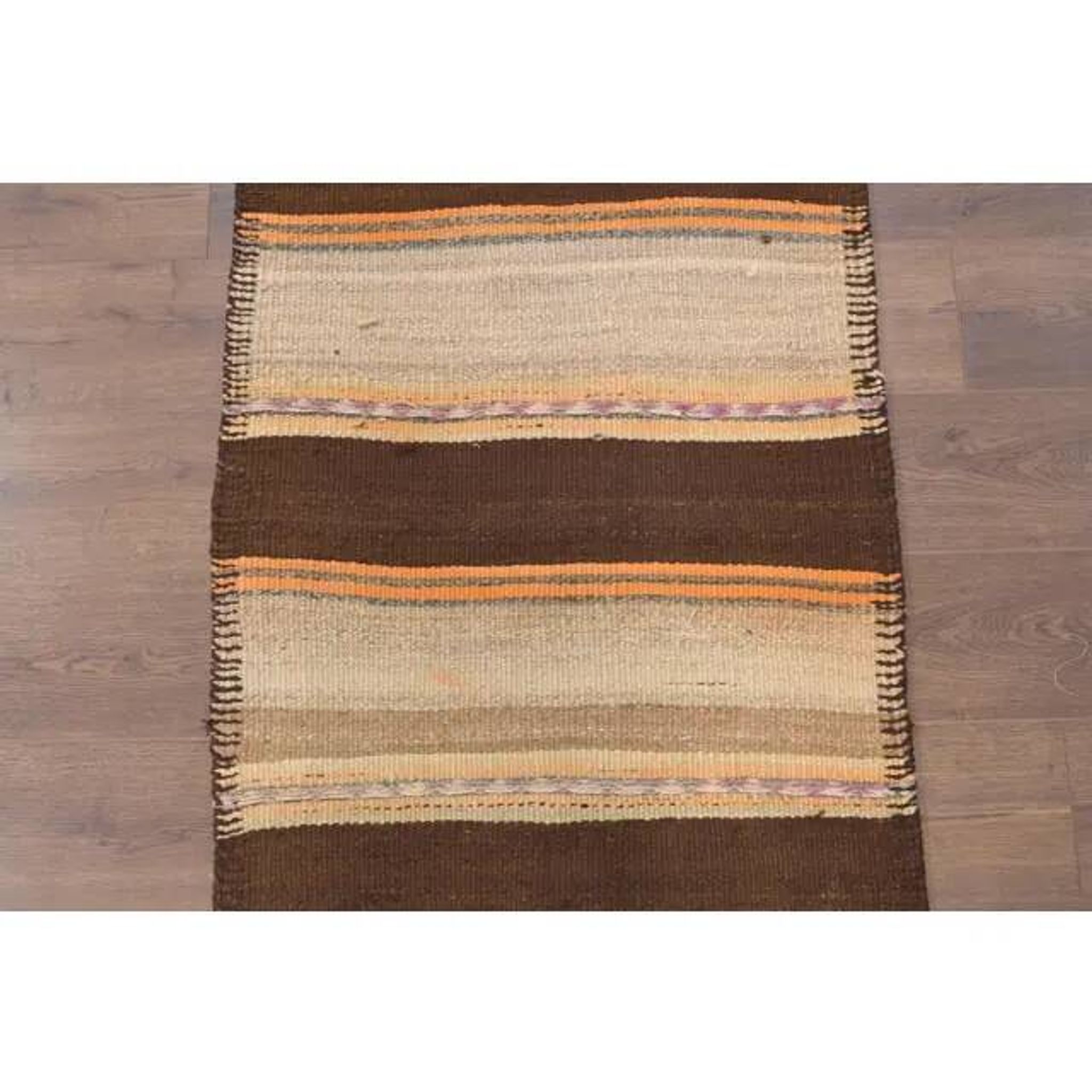 Vintage Turkish Oushak handmade wool cotton beige kilim runner rug 79x303