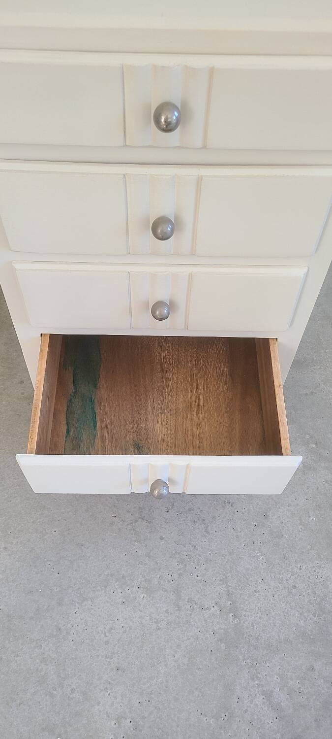 Bureau ancien Art Déco blanc bois massif boutons boules métal vintage