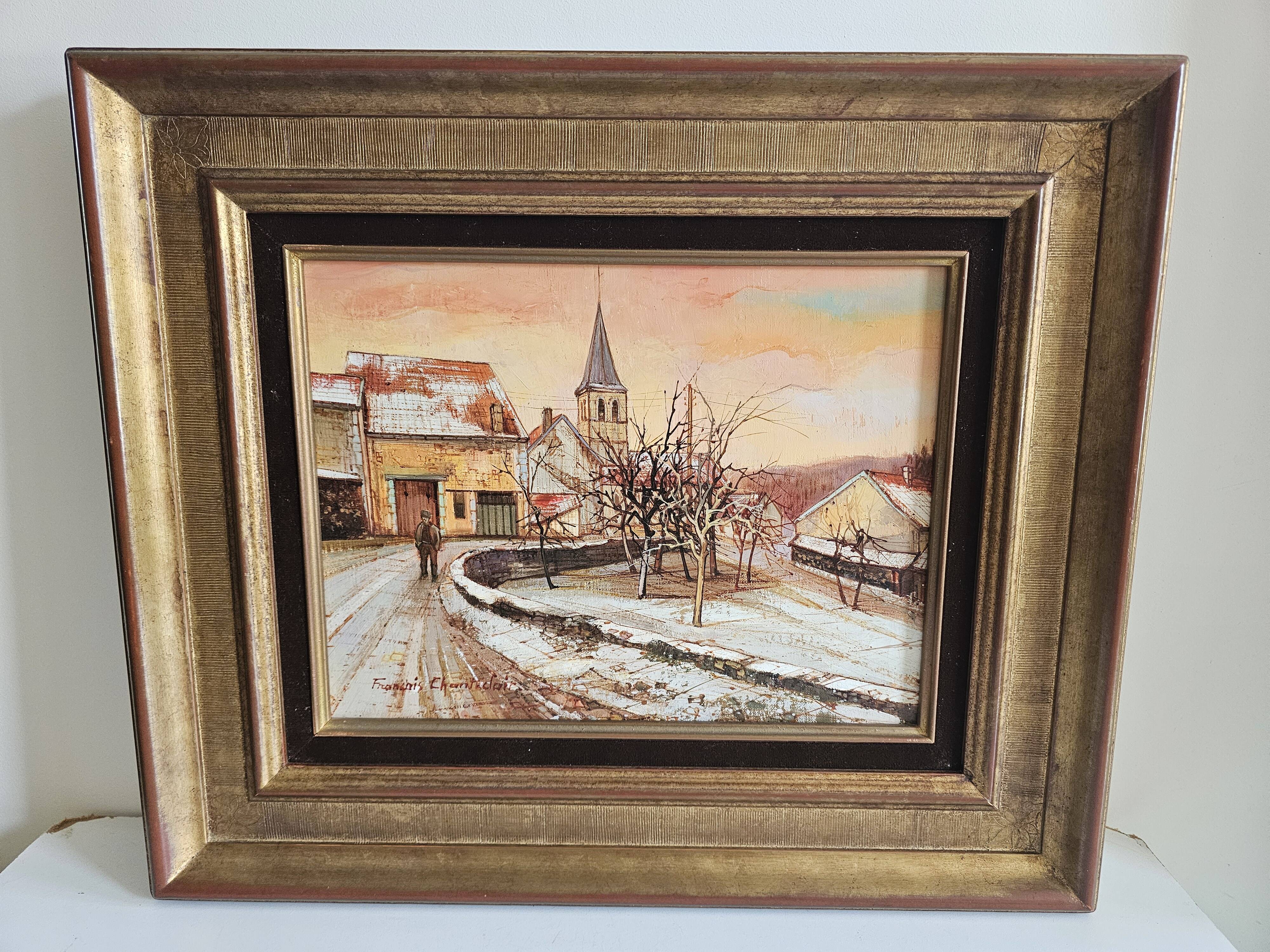 Oil Painting Landscape of a Snowy Village by Francois Chanteclair