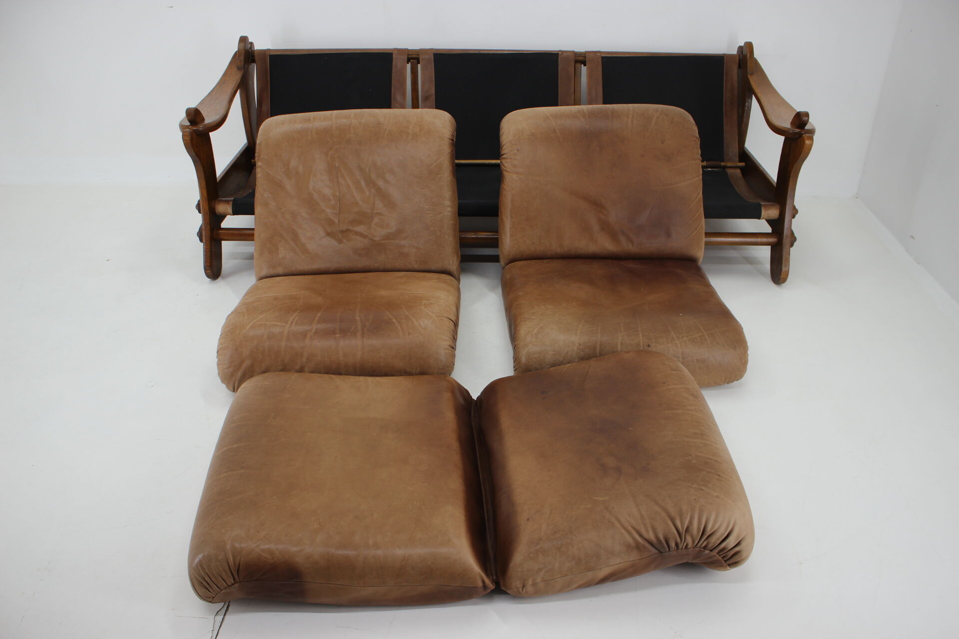 1970s Brutalist Dutch Oak and Leather 3 Seater Sofa