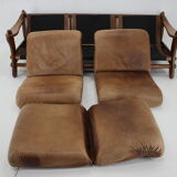 1970s Brutalist Dutch Oak and Leather 3 Seater Sofa