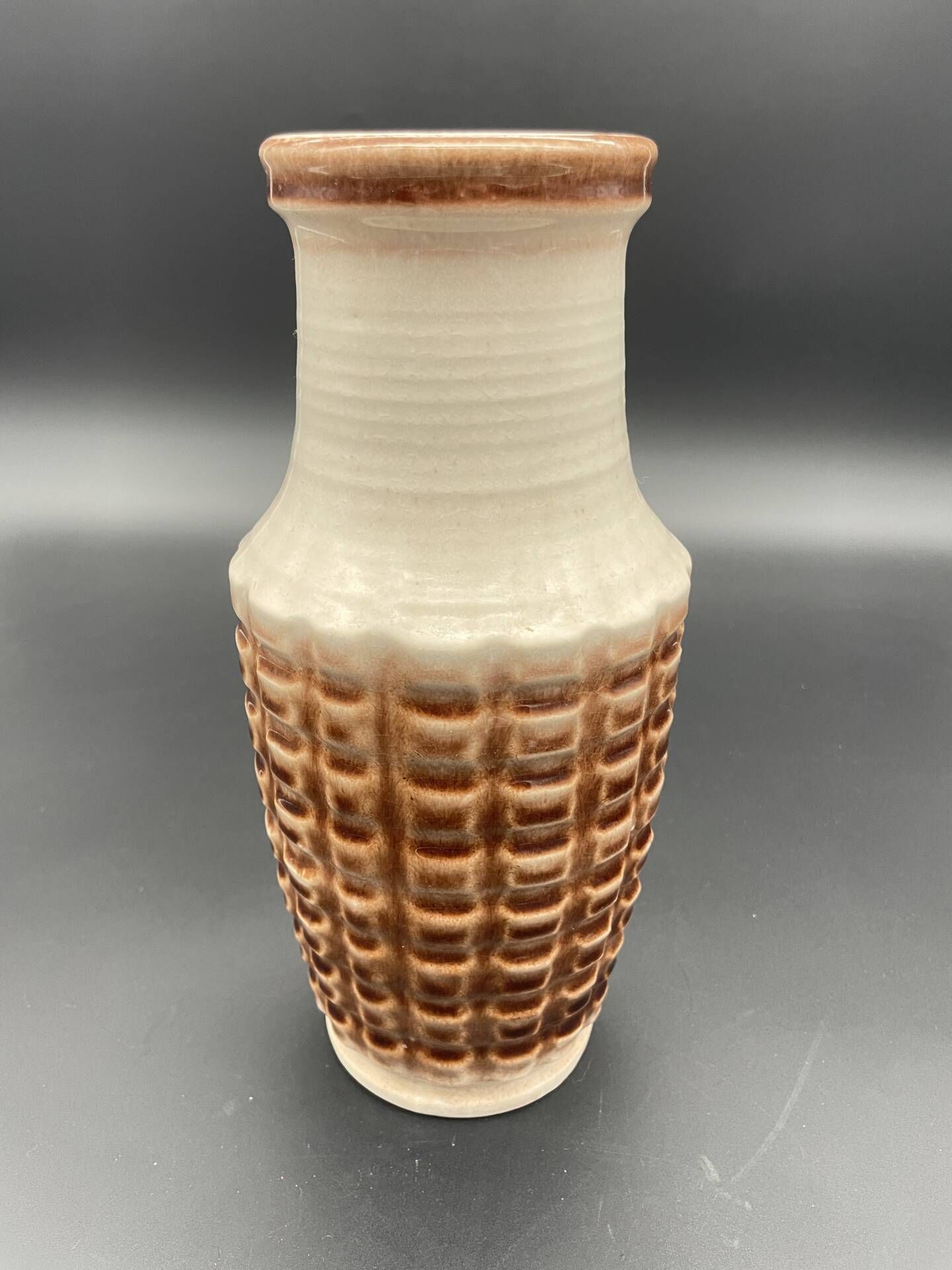 Vintage Jasba ceramic vase – brown and white geometric relief – A