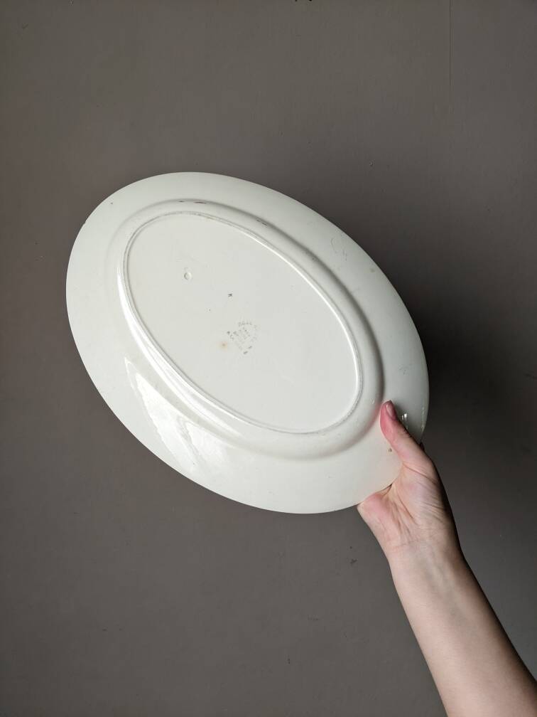 Antique oval ceramic dish with hand-painted floral decoration, country decor