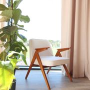 Vintage white armchairs natural wood buckle Scandinavian furniture