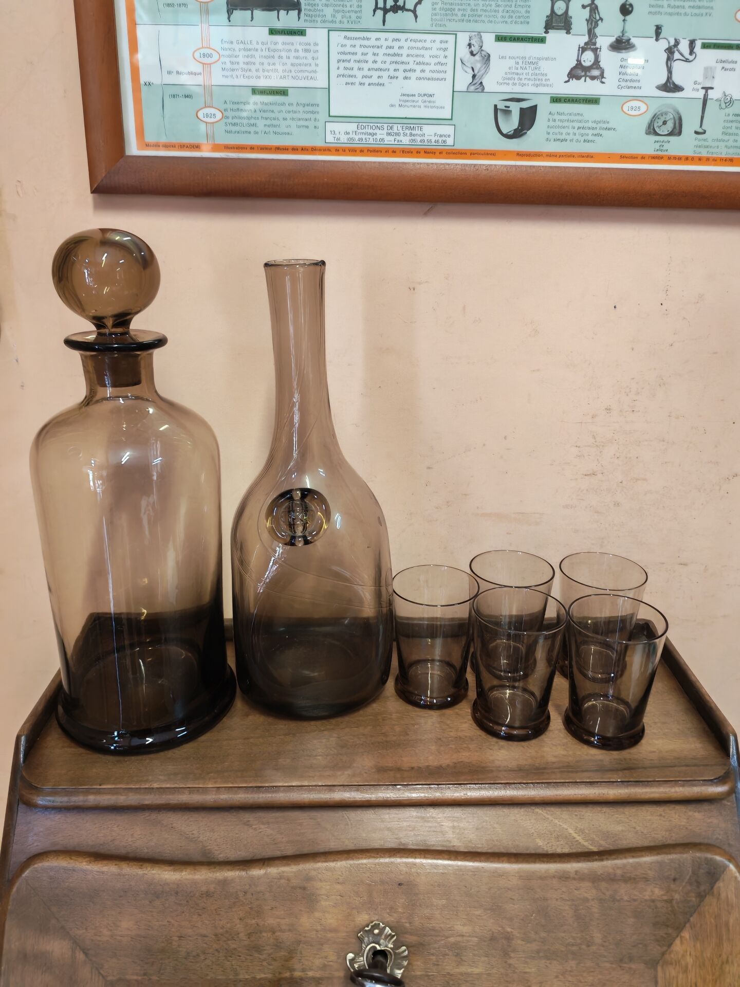 Table service set with a carafe, bottle, and 5 glass cups.