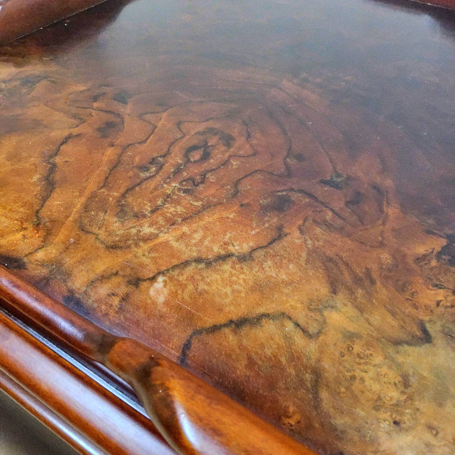 Antique walnut side table / tea table with drawer, shelves