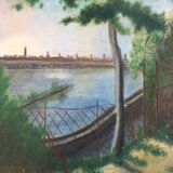 Old painting trees and lake